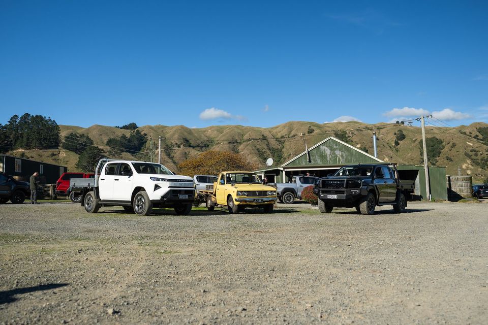 Toyota's upcoming Hilux BEV, a 1977 single-cab Hilux and the new 2026 Hilux SR.