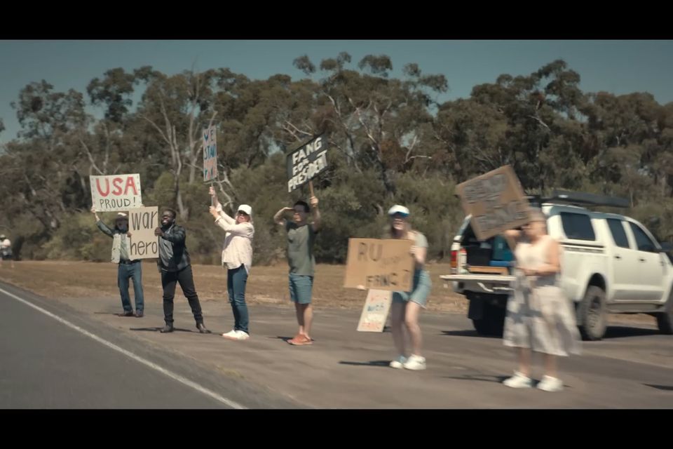 Protesters protesting on the "noise road" (note the very Australian-looking HiLux)...